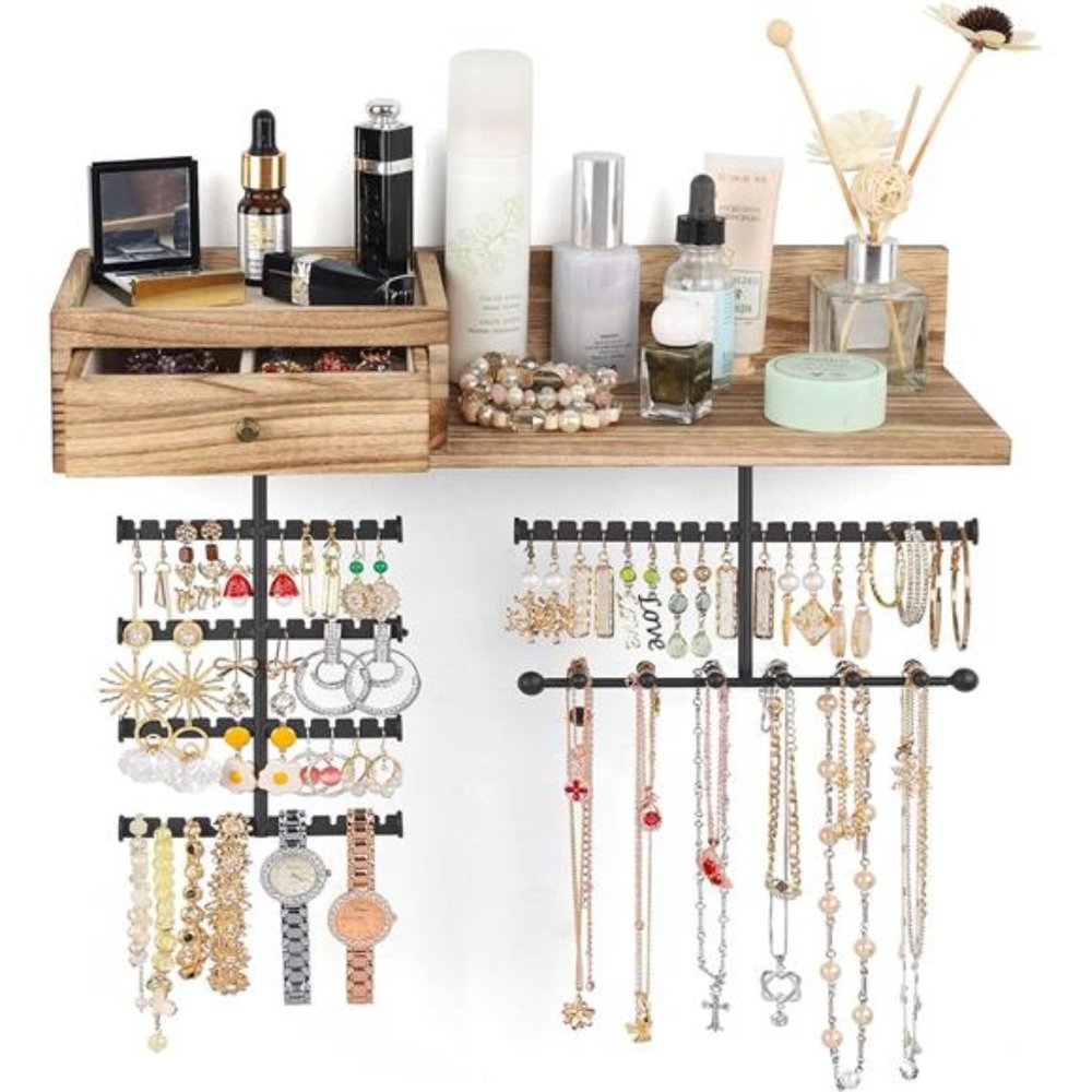 Jewelry Organizer Hanging Wall Mounted Jewelry Holder with Rustic Wood Drawer